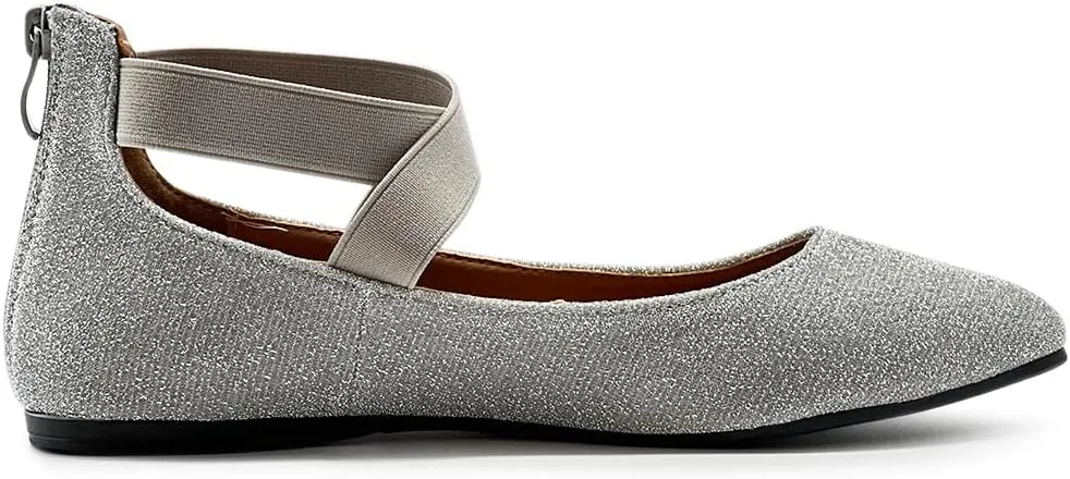 Ollio Women's Glitter Elastic Ankle Strap Pointed Toe Ballet Flats F189