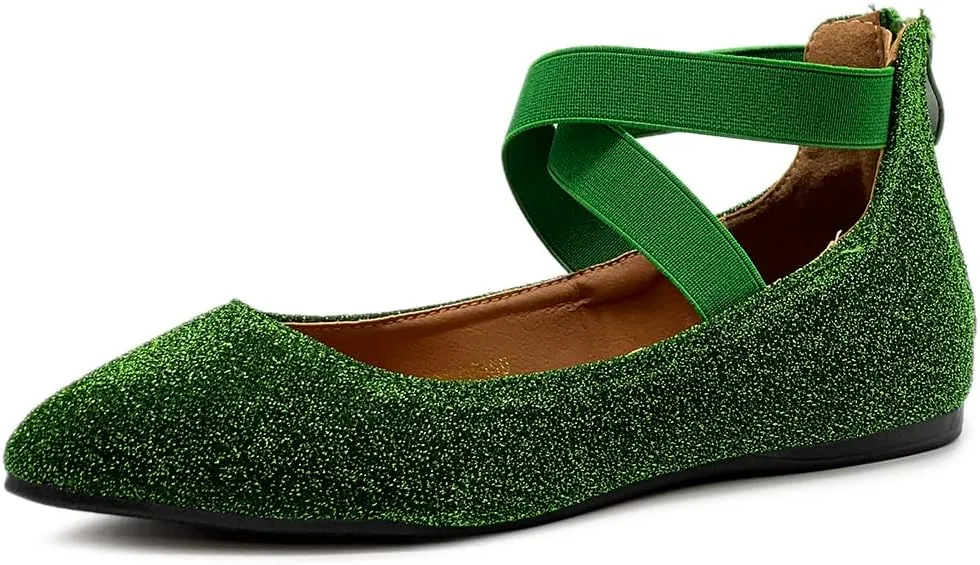 Ollio Women's Glitter Elastic Ankle Strap Pointed Toe Ballet Flats F189