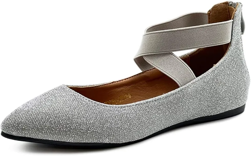 Ollio Women's Glitter Elastic Ankle Strap Pointed Toe Ballet Flats F189