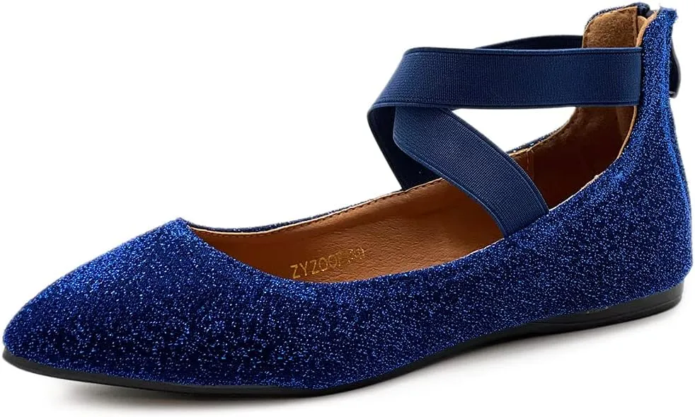 Ollio Women's Glitter Elastic Ankle Strap Pointed Toe Ballet Flats F189