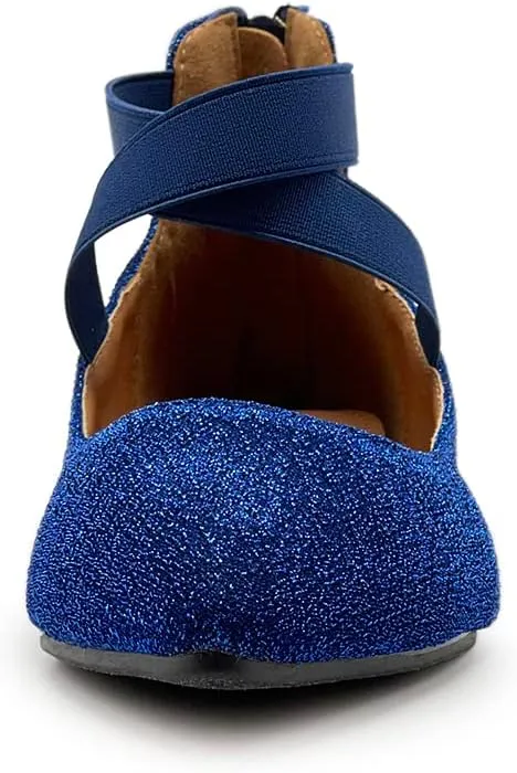 Ollio Women's Glitter Elastic Ankle Strap Pointed Toe Ballet Flats F189