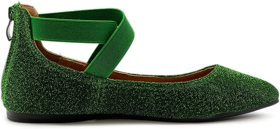 Ollio Women's Glitter Elastic Ankle Strap Pointed Toe Ballet Flats F189