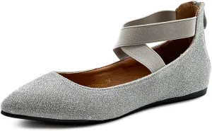 Ollio Women's Glitter Elastic Ankle Strap Pointed Toe Ballet Flats F189
