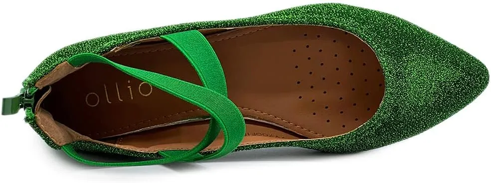 Ollio Women's Glitter Elastic Ankle Strap Pointed Toe Ballet Flats F189