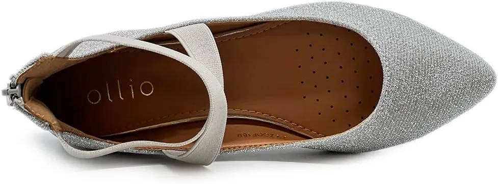 Ollio Women's Glitter Elastic Ankle Strap Pointed Toe Ballet Flats F189