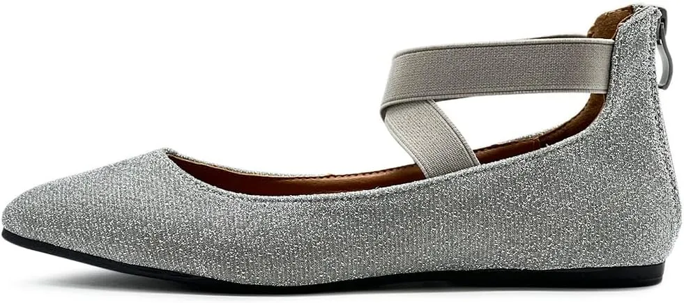 Ollio Women's Glitter Elastic Ankle Strap Pointed Toe Ballet Flats F189