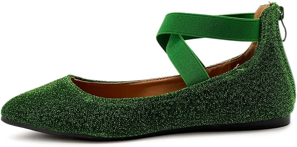 Ollio Women's Glitter Elastic Ankle Strap Pointed Toe Ballet Flats F189