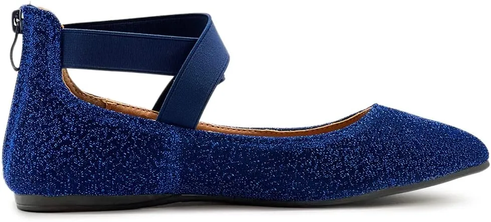 Ollio Women's Glitter Elastic Ankle Strap Pointed Toe Ballet Flats F189