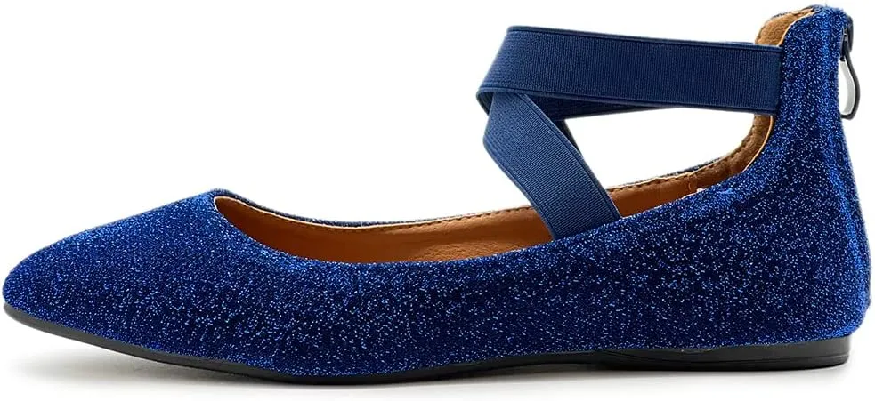 Ollio Women's Glitter Elastic Ankle Strap Pointed Toe Ballet Flats F189