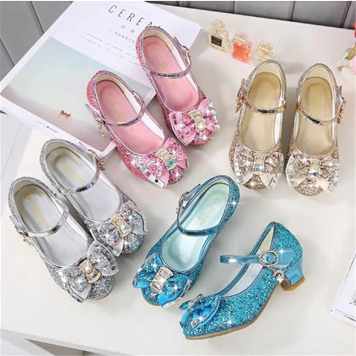 OMEARK Girls Glitter Princess Sandals High Heels Sparkly Dress Up Shoes Round Toe Sequin Bowknot Dance Shoes for Kids Toddler Ankle Strap Wedding Party Rhinestone Sandals