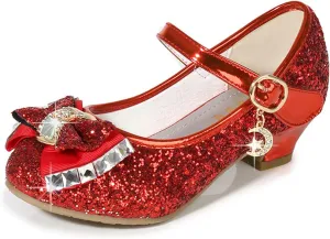 OMEARK Girls Glitter Princess Sandals High Heels Sparkly Dress Up Shoes Round Toe Sequin Bowknot Dance Shoes for Kids Toddler Ankle Strap Wedding Party Rhinestone Sandals