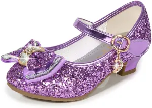 OMEARK Girls Glitter Princess Sandals High Heels Sparkly Dress Up Shoes Round Toe Sequin Bowknot Dance Shoes for Kids Toddler Ankle Strap Wedding Party Rhinestone Sandals
