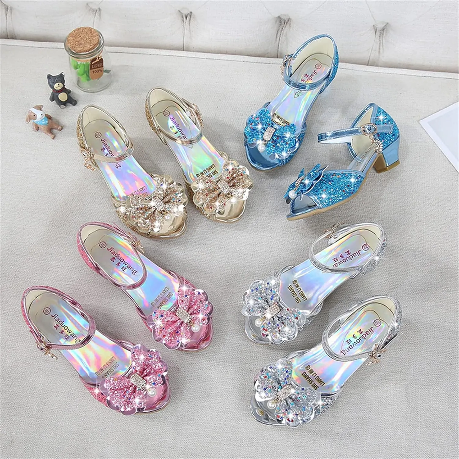 OMEARK Kids Dress Shoes - Open Toe Toddler Girls Sandals Rhinestone Bow Strappy Glitter Flat Sandal Low Heels Party Show Dance Shoes for Little Kid/Big Kid with Ankle Buckle