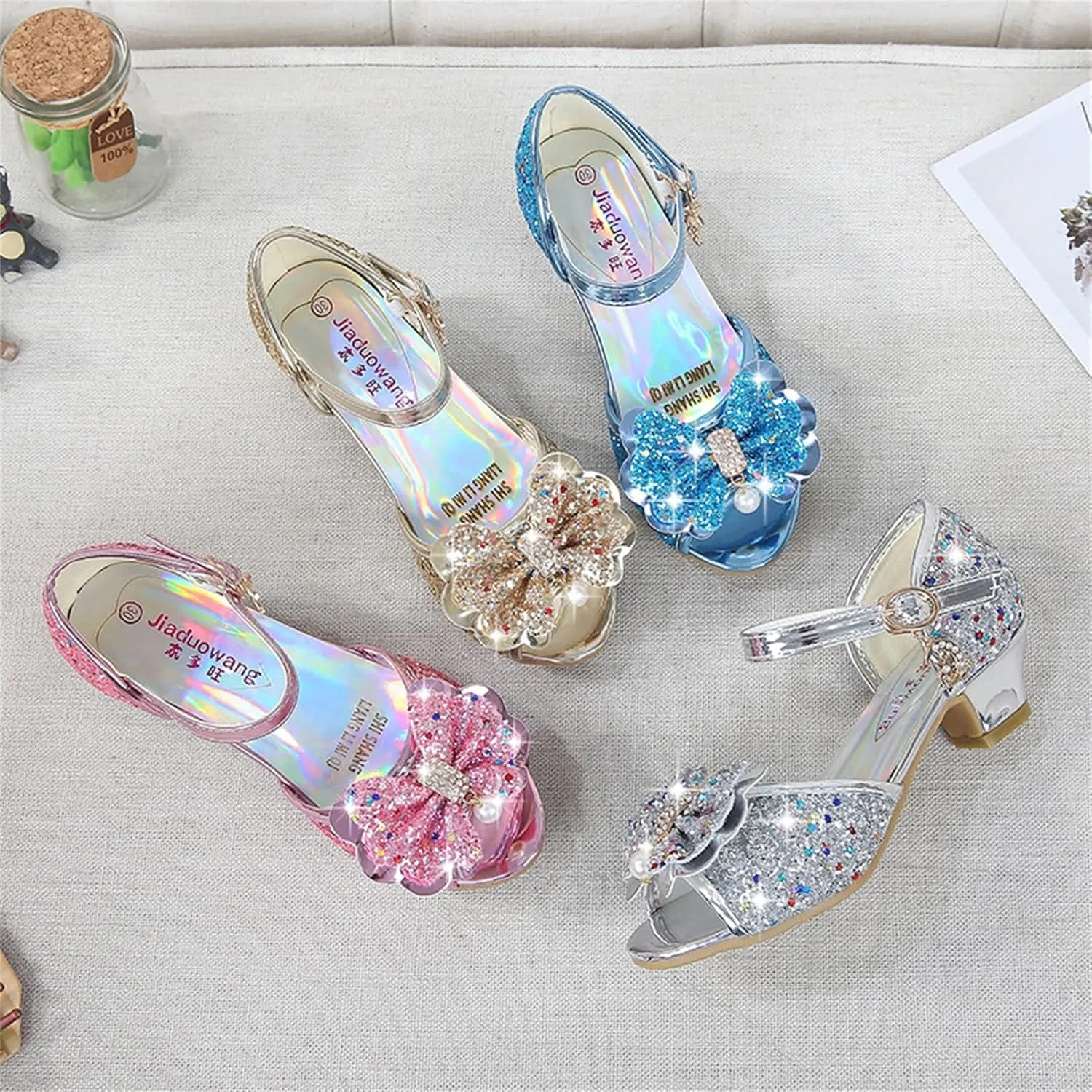 OMEARK Kids Dress Shoes - Open Toe Toddler Girls Sandals Rhinestone Bow Strappy Glitter Flat Sandal Low Heels Party Show Dance Shoes for Little Kid/Big Kid with Ankle Buckle