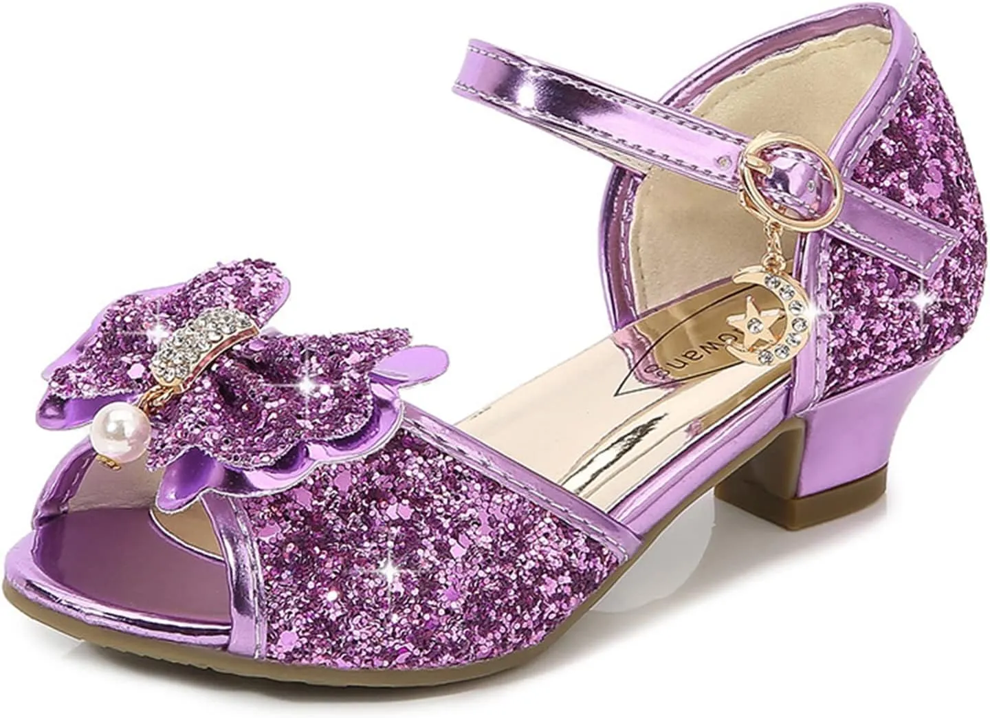 OMEARK Kids Dress Shoes - Open Toe Toddler Girls Sandals Rhinestone Bow Strappy Glitter Flat Sandal Low Heels Party Show Dance Shoes for Little Kid/Big Kid with Ankle Buckle