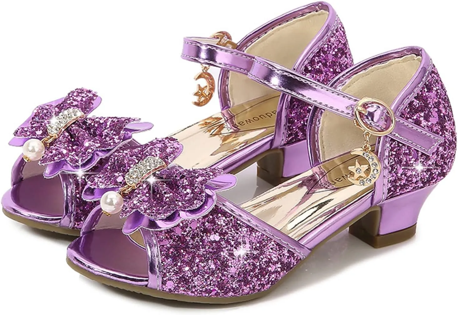OMEARK Kids Dress Shoes - Open Toe Toddler Girls Sandals Rhinestone Bow Strappy Glitter Flat Sandal Low Heels Party Show Dance Shoes for Little Kid/Big Kid with Ankle Buckle