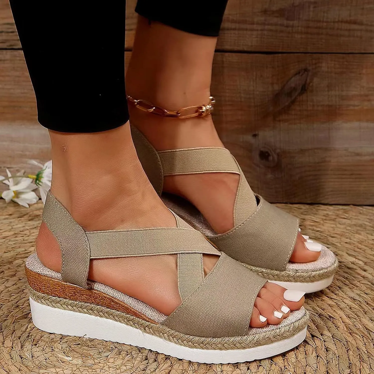 Orthopedic Platform Wedge Sandals for Women Summer Dressy 2023 Flat Open Toe Ankle Strap Espadrilles Sandals Casual Strappy Slip on Sandals Beach Boho Sandals Comfortable Outdoor Shoes (2-Khaki, 9)