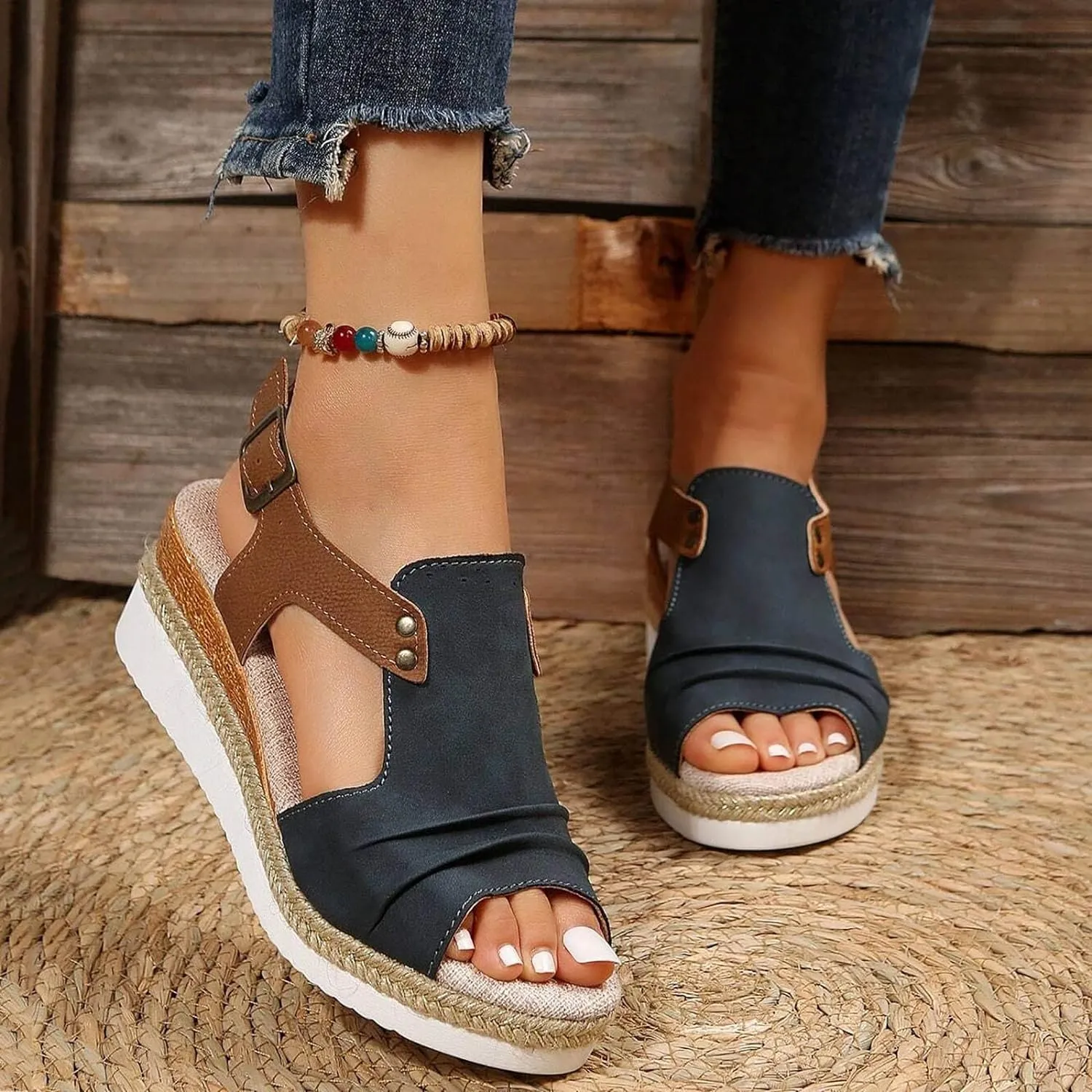 Orthopedic Platform Wedge Sandals for Women Summer Dressy 2023 Flat Open Toe Ankle Strap Espadrilles Sandals Casual Strappy Slip on Sandals Beach Boho Sandals Comfortable Outdoor Shoes (3-Navy, 9)