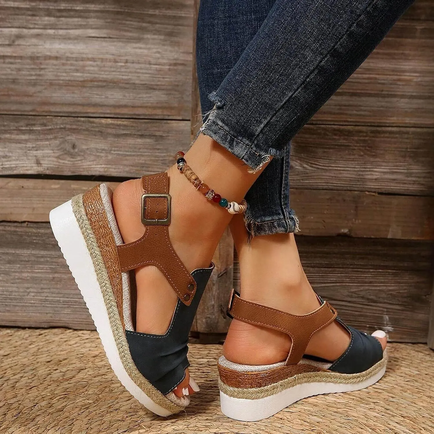 Orthopedic Platform Wedge Sandals for Women Summer Dressy 2023 Flat Open Toe Ankle Strap Espadrilles Sandals Casual Strappy Slip on Sandals Beach Boho Sandals Comfortable Outdoor Shoes (3-Navy, 9)