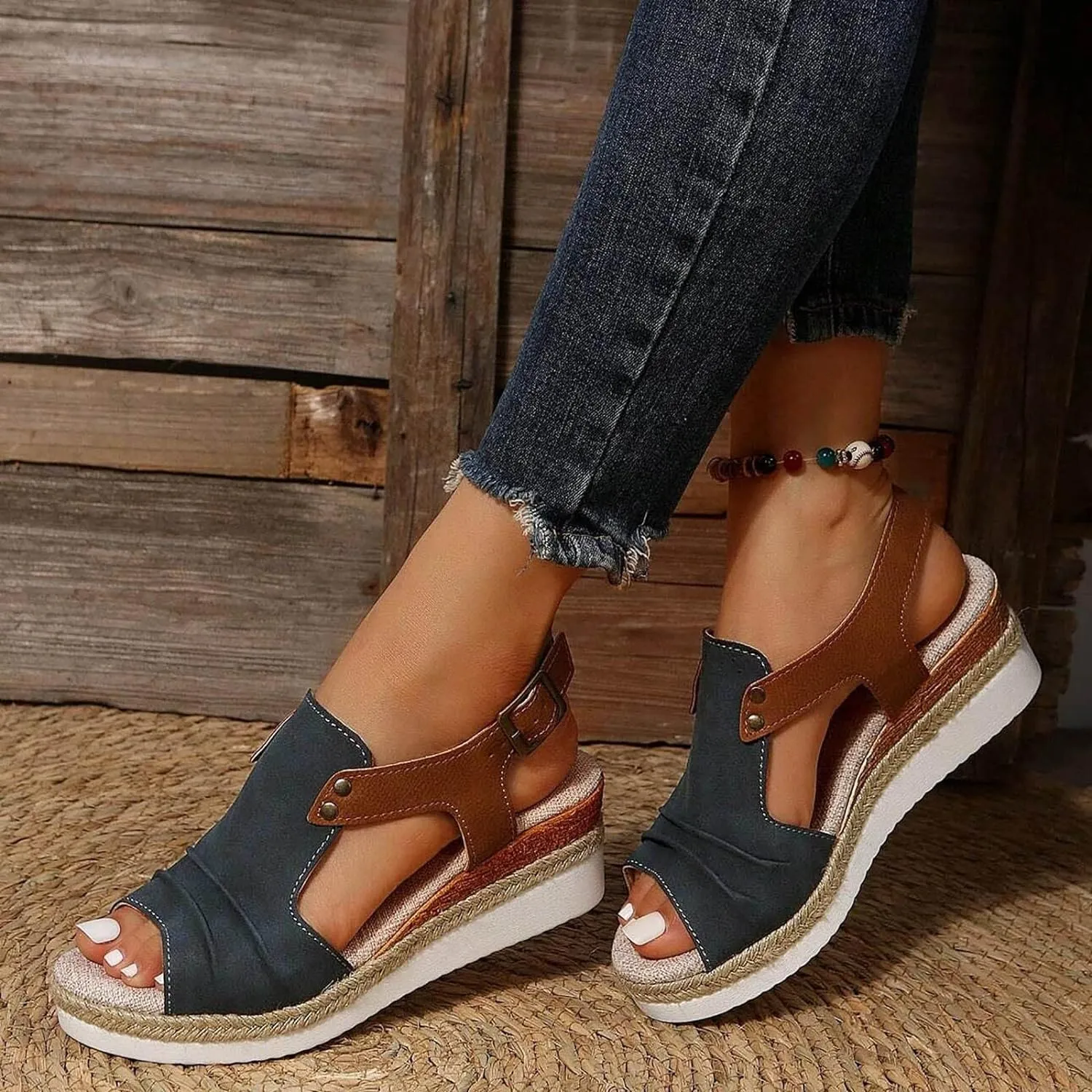 Orthopedic Platform Wedge Sandals for Women Summer Dressy 2023 Flat Open Toe Ankle Strap Espadrilles Sandals Casual Strappy Slip on Sandals Beach Boho Sandals Comfortable Outdoor Shoes (3-Navy, 9)