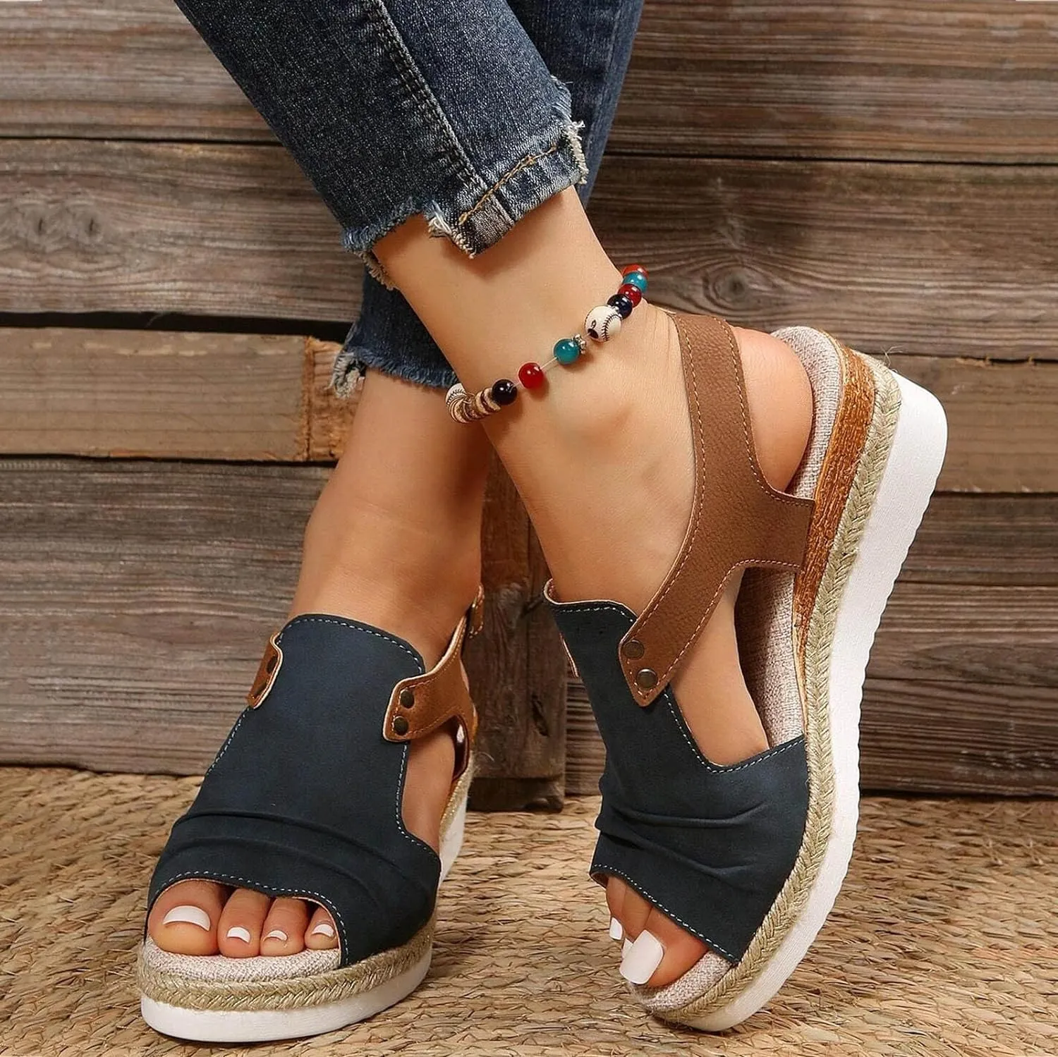 Orthopedic Platform Wedge Sandals for Women Summer Dressy 2023 Flat Open Toe Ankle Strap Espadrilles Sandals Casual Strappy Slip on Sandals Beach Boho Sandals Comfortable Outdoor Shoes (3-Navy, 9)
