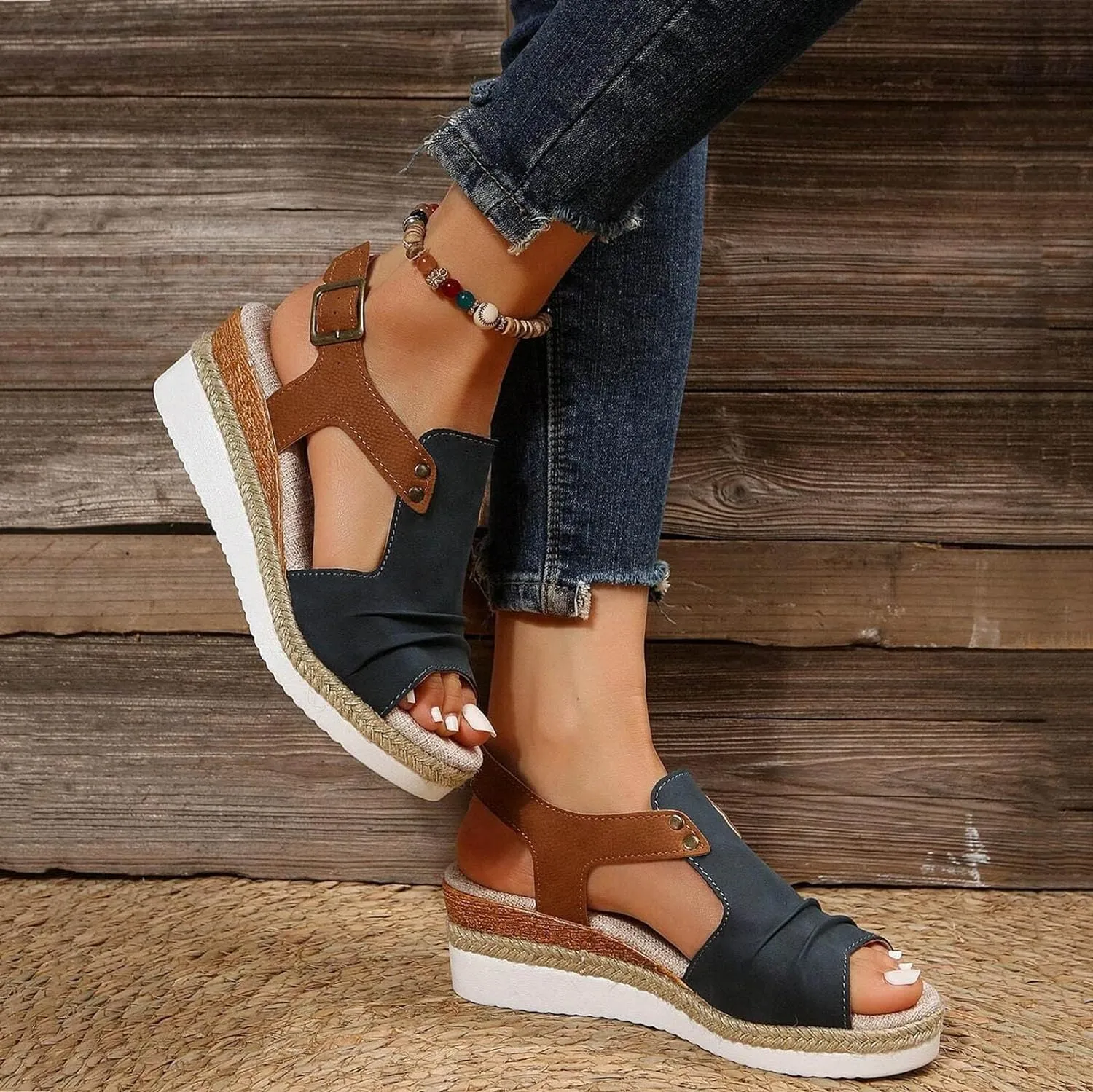 Orthopedic Platform Wedge Sandals for Women Summer Dressy 2023 Flat Open Toe Ankle Strap Espadrilles Sandals Casual Strappy Slip on Sandals Beach Boho Sandals Comfortable Outdoor Shoes (3-Navy, 9)