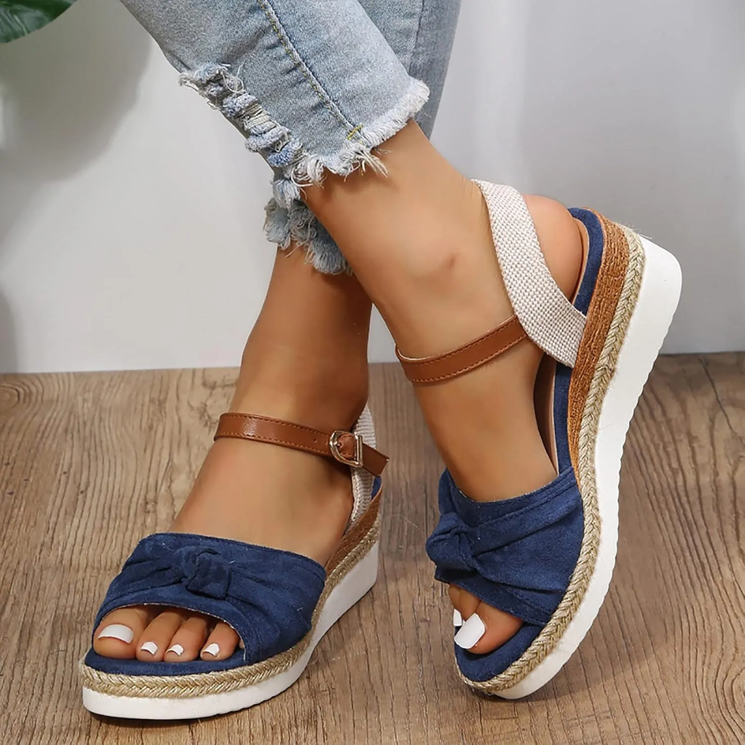 Orthopedic Platform Wedge Sandals for Women Summer Dressy 2023 Flat Open Toe Ankle Strap Espadrilles Sandals Casual Strappy Slip on Sandals Beach Boho Sandals Comfortable Outdoor Shoes (5-Blue, 8.5)