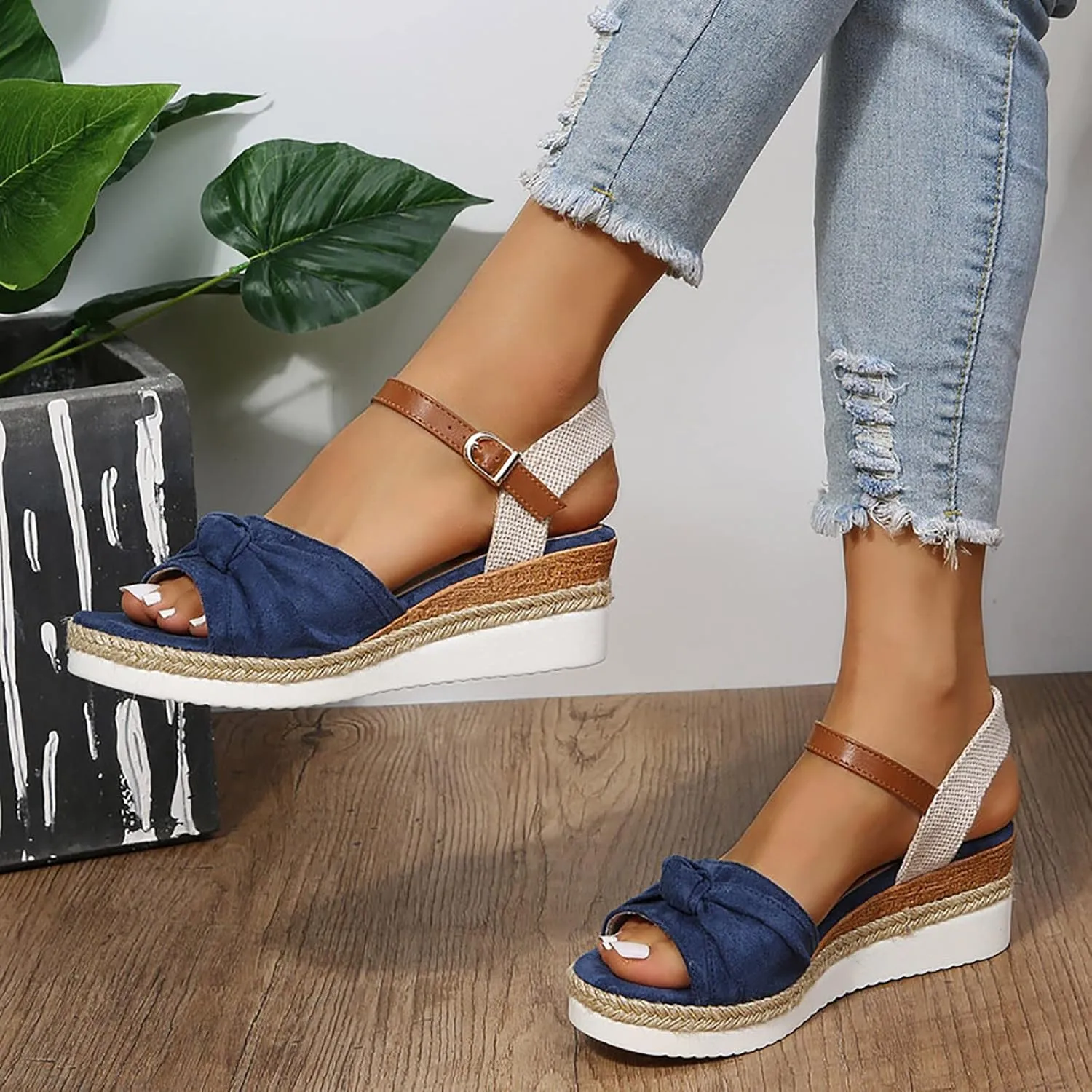 Orthopedic Platform Wedge Sandals for Women Summer Dressy 2023 Flat Open Toe Ankle Strap Espadrilles Sandals Casual Strappy Slip on Sandals Beach Boho Sandals Comfortable Outdoor Shoes (5-Blue, 8.5)