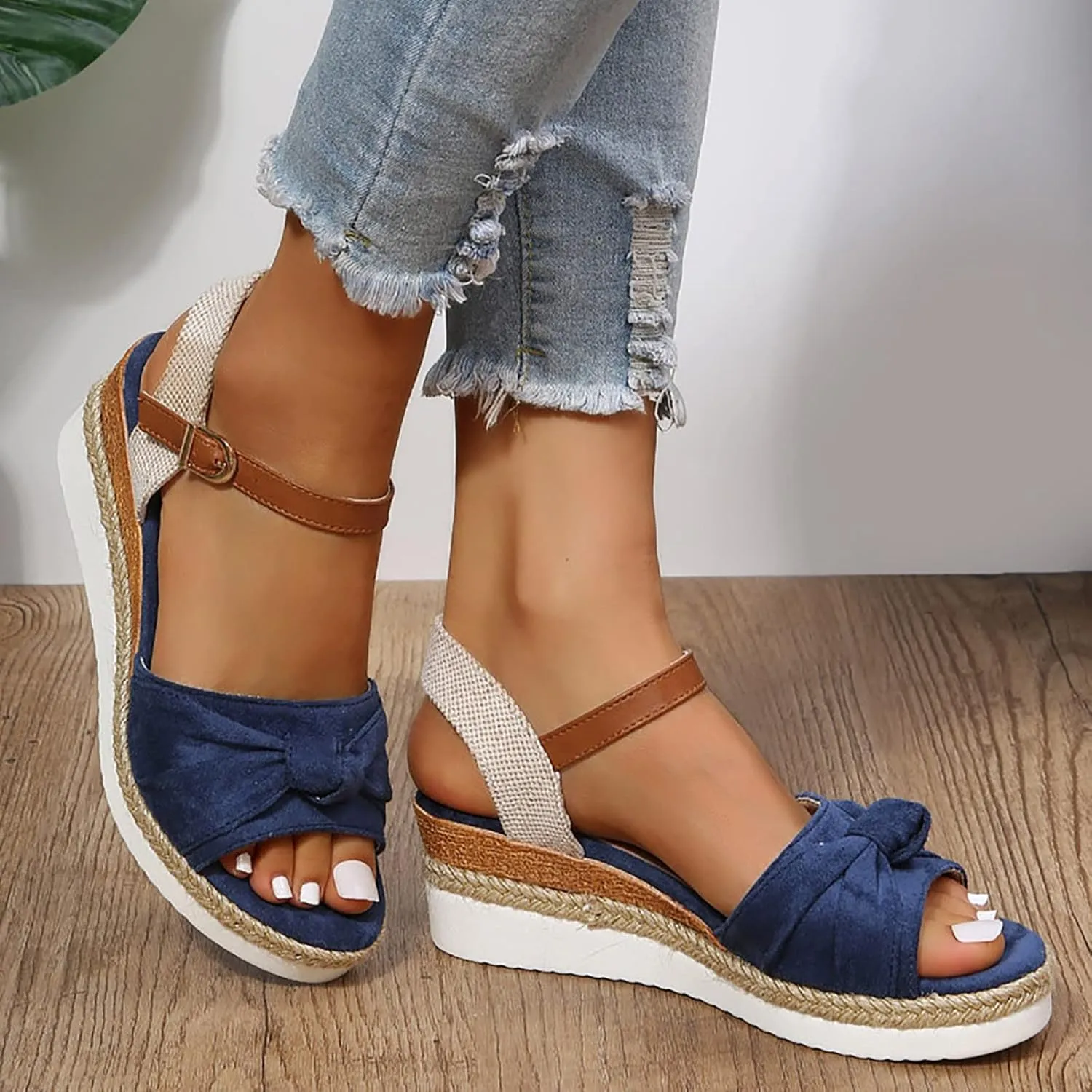 Orthopedic Platform Wedge Sandals for Women Summer Dressy 2023 Flat Open Toe Ankle Strap Espadrilles Sandals Casual Strappy Slip on Sandals Beach Boho Sandals Comfortable Outdoor Shoes (5-Blue, 8.5)