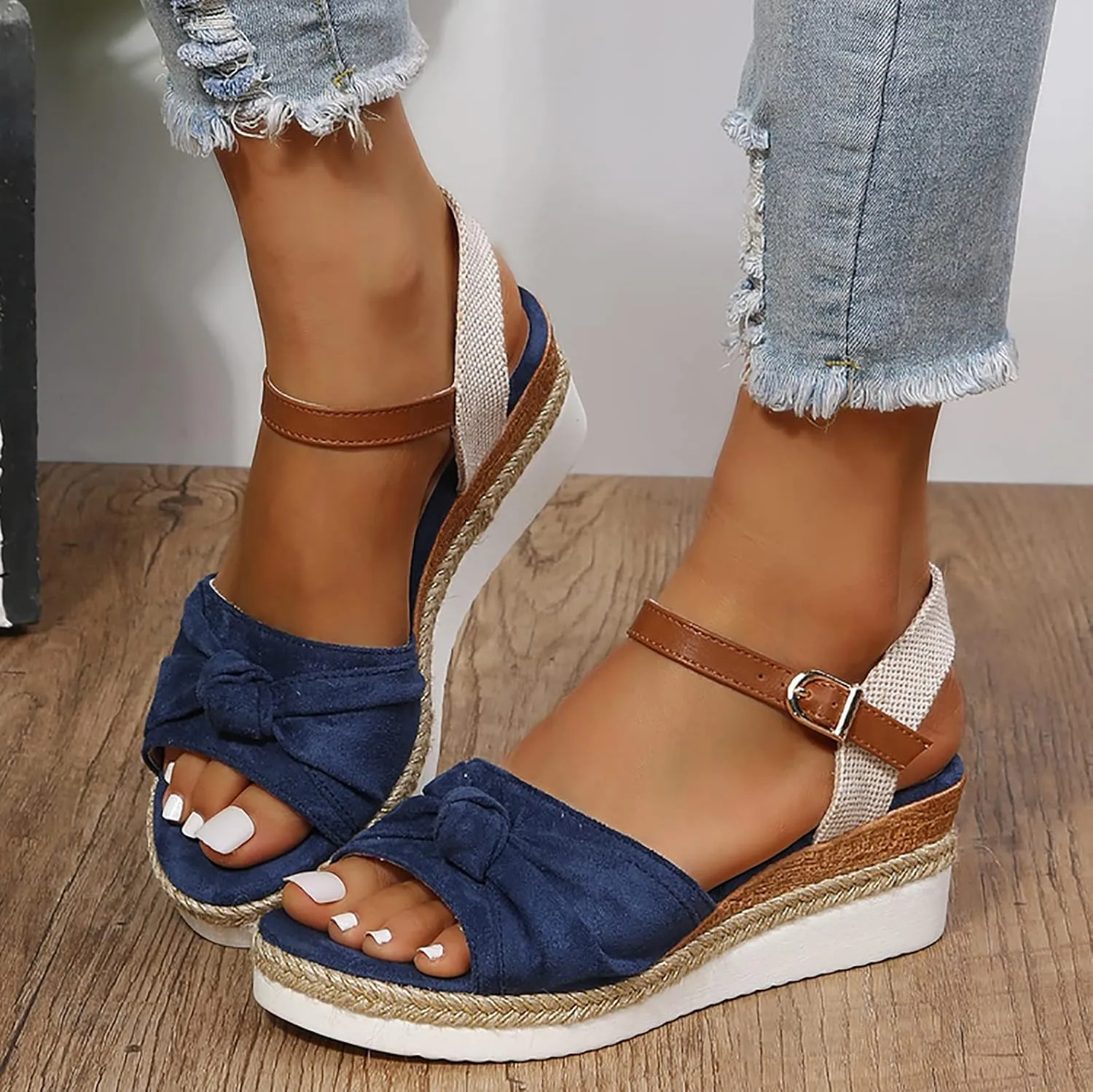 Orthopedic Platform Wedge Sandals for Women Summer Dressy 2023 Flat Open Toe Ankle Strap Espadrilles Sandals Casual Strappy Slip on Sandals Beach Boho Sandals Comfortable Outdoor Shoes (5-Blue, 8.5)