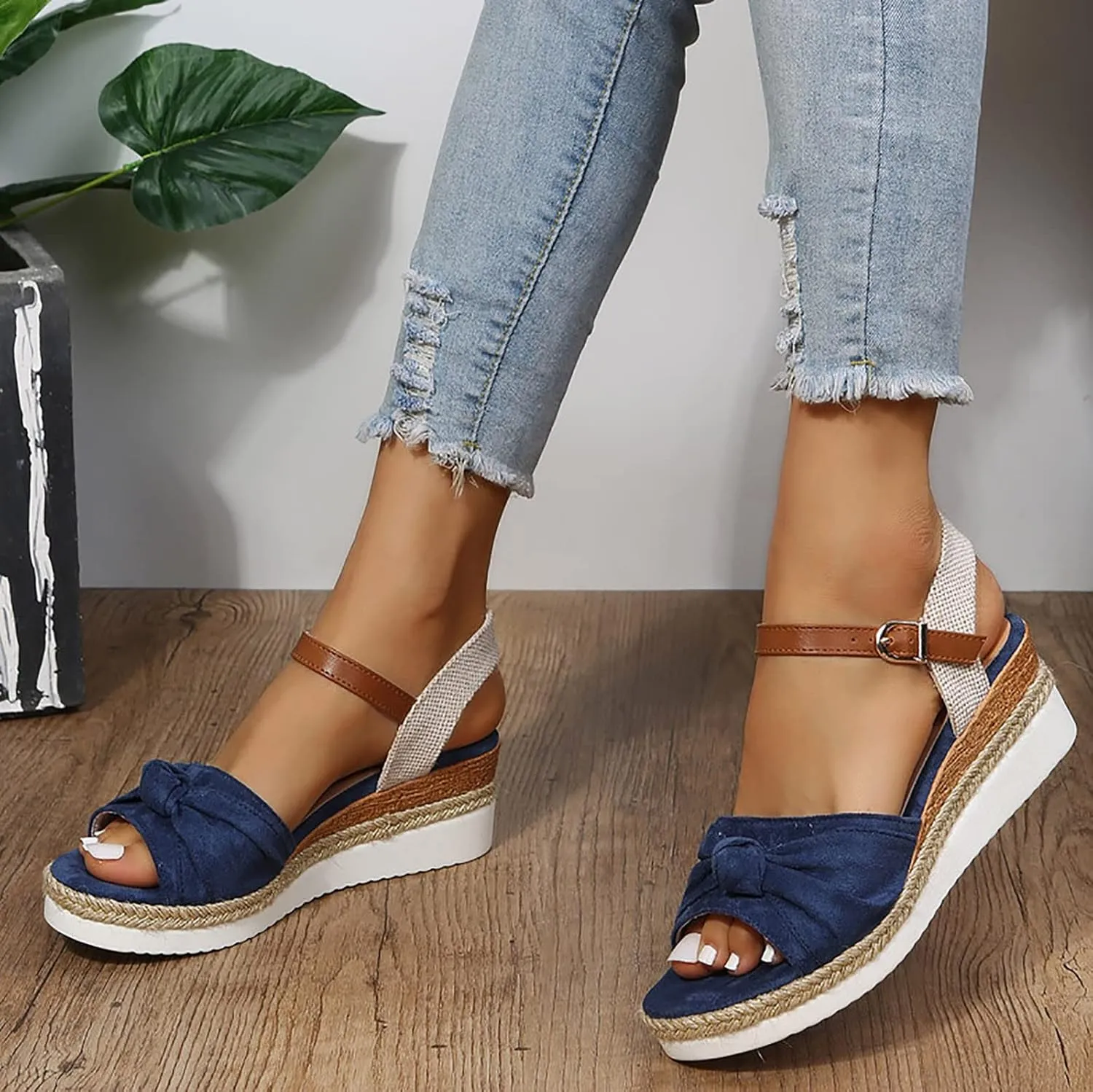 Orthopedic Platform Wedge Sandals for Women Summer Dressy 2023 Flat Open Toe Ankle Strap Espadrilles Sandals Casual Strappy Slip on Sandals Beach Boho Sandals Comfortable Outdoor Shoes (5-Blue, 8.5)