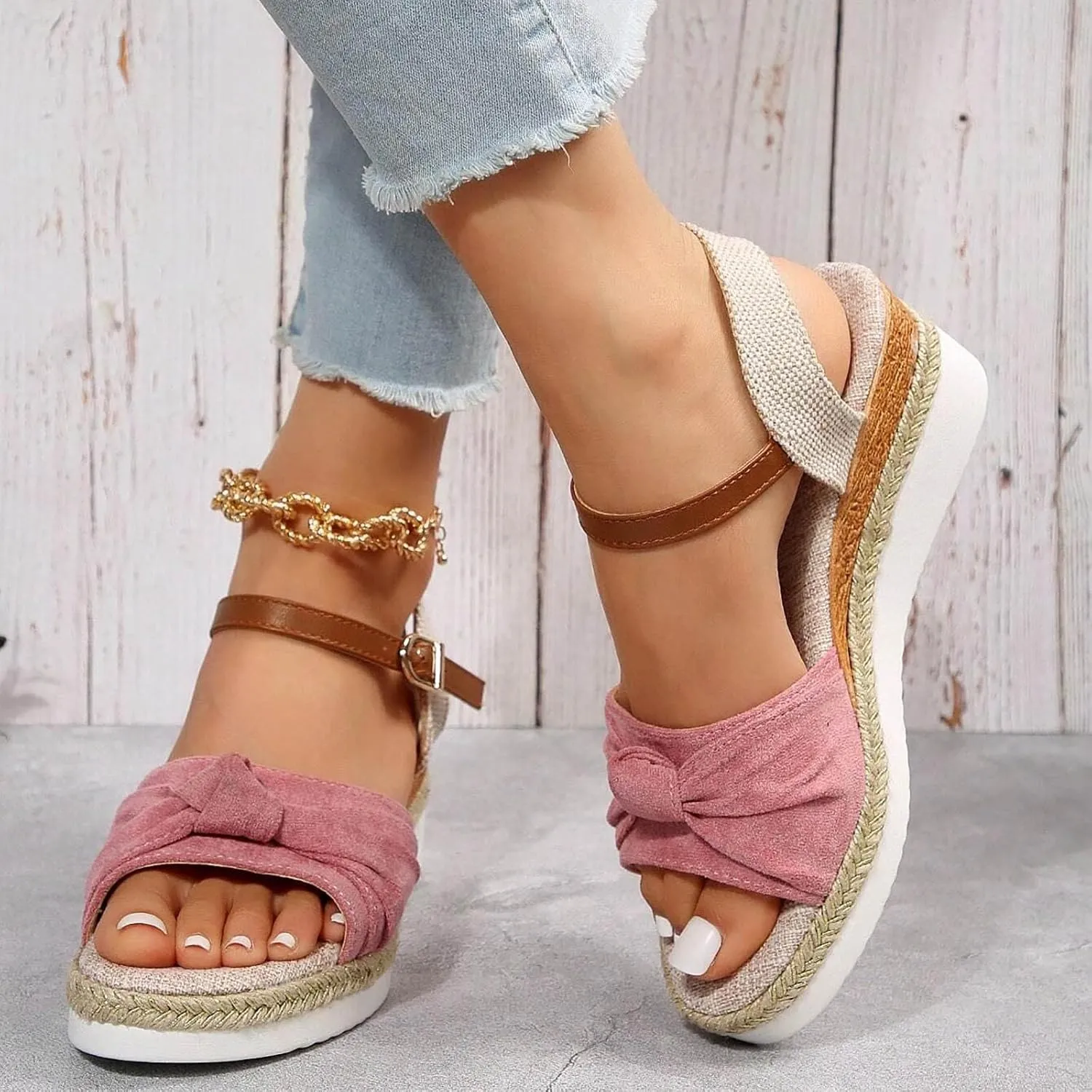 Orthopedic Platform Wedge Sandals for Women Summer Dressy 2023 Flat Open Toe Ankle Strap Espadrilles Sandals Casual Strappy Slip on Sandals Beach Boho Sandals Comfortable Outdoor Shoes (6-Pink, 8)