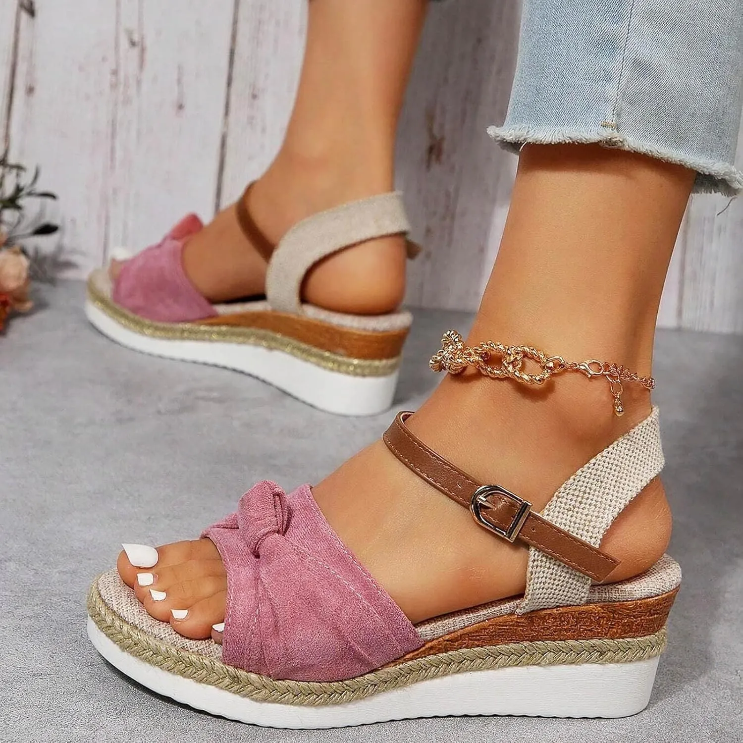 Orthopedic Platform Wedge Sandals for Women Summer Dressy 2023 Flat Open Toe Ankle Strap Espadrilles Sandals Casual Strappy Slip on Sandals Beach Boho Sandals Comfortable Outdoor Shoes (6-Pink, 8)