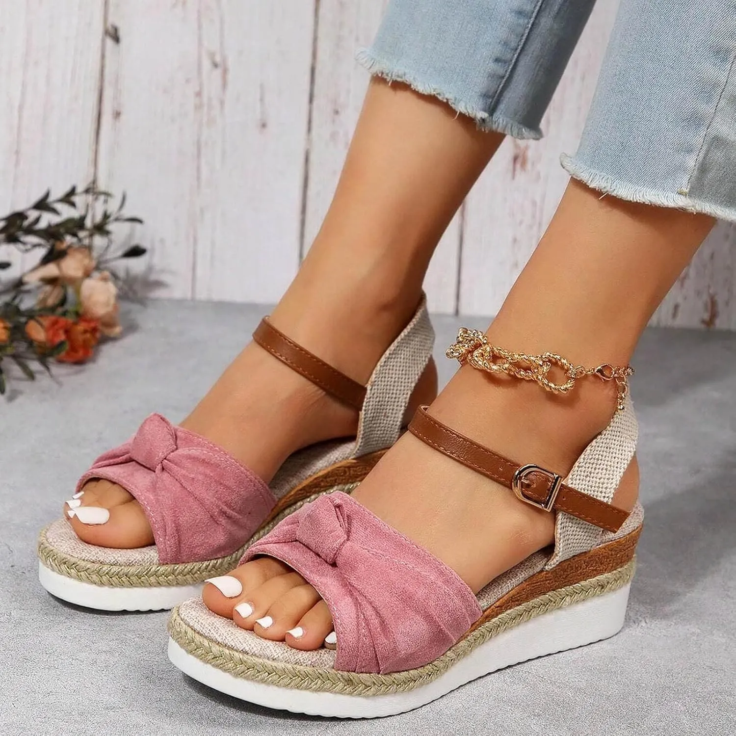 Orthopedic Platform Wedge Sandals for Women Summer Dressy 2023 Flat Open Toe Ankle Strap Espadrilles Sandals Casual Strappy Slip on Sandals Beach Boho Sandals Comfortable Outdoor Shoes (6-Pink, 8)