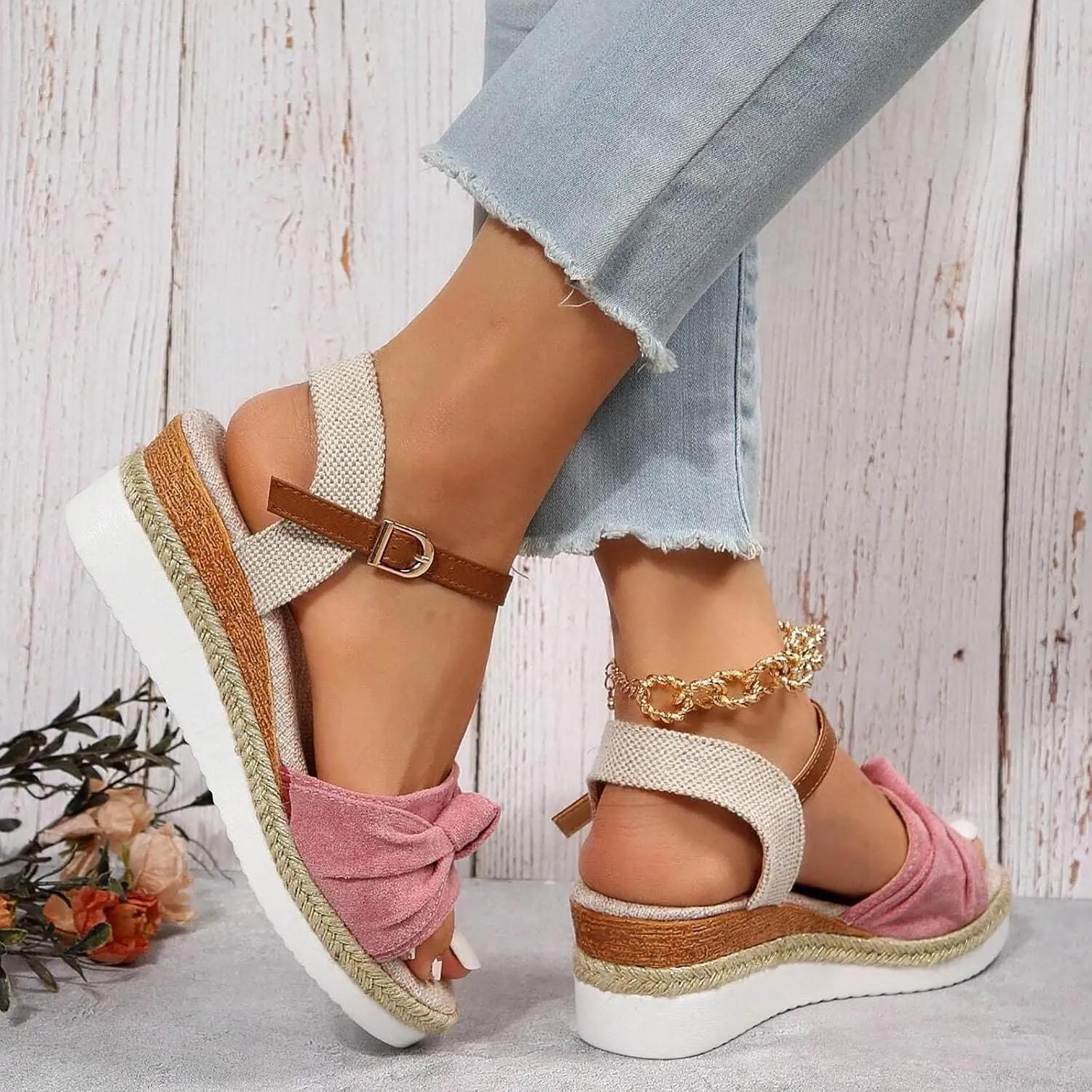 Orthopedic Platform Wedge Sandals for Women Summer Dressy 2023 Flat Open Toe Ankle Strap Espadrilles Sandals Casual Strappy Slip on Sandals Beach Boho Sandals Comfortable Outdoor Shoes (6-Pink, 8)