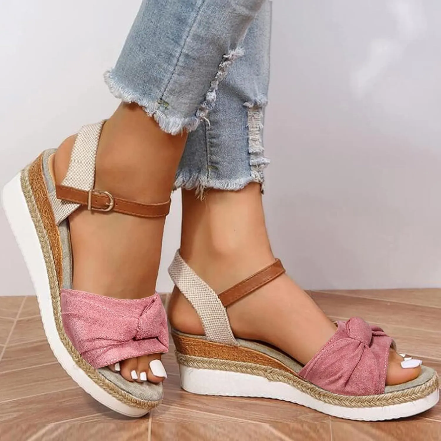 Orthopedic Platform Wedge Sandals for Women Summer Dressy 2023 Flat Open Toe Ankle Strap Espadrilles Sandals Casual Strappy Slip on Sandals Beach Boho Sandals Comfortable Outdoor Shoes (6-Pink, 8)
