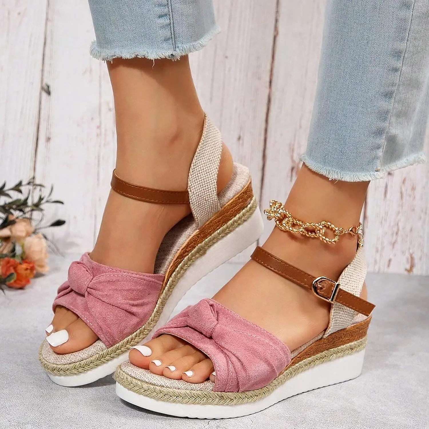 Orthopedic Platform Wedge Sandals for Women Summer Dressy 2023 Flat Open Toe Ankle Strap Espadrilles Sandals Casual Strappy Slip on Sandals Beach Boho Sandals Comfortable Outdoor Shoes (6-Pink, 8)