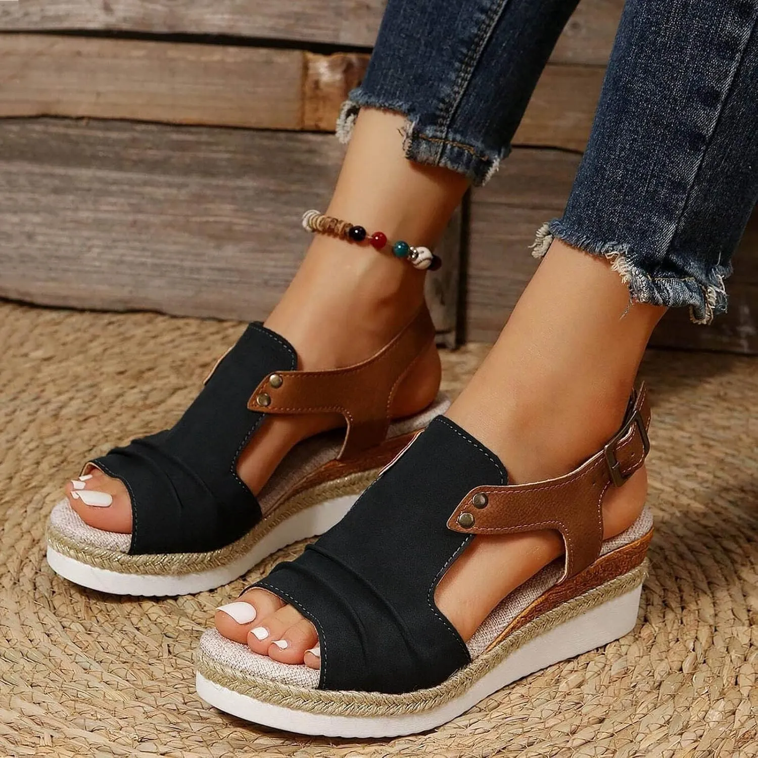 Orthopedic Wedge Platform Sandals for Women Espadrilles Platform Ankle Strap Sandals Flat Open Toe Low Wedge Sandals Summer Dressy Slip on Sandals Casual Beach Boho Sandals