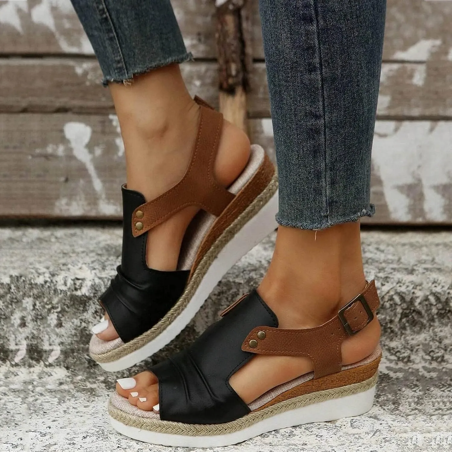 Orthopedic Wedge Platform Sandals for Women Espadrilles Platform Ankle Strap Sandals Flat Open Toe Low Wedge Sandals Summer Dressy Slip on Sandals Casual Beach Boho Sandals