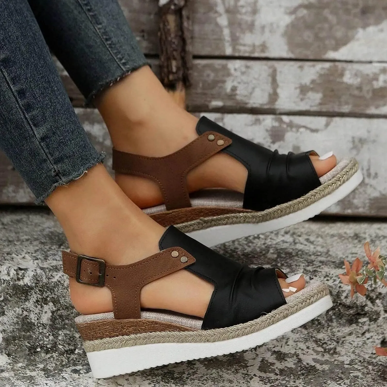Orthopedic Wedge Platform Sandals for Women Espadrilles Platform Ankle Strap Sandals Flat Open Toe Low Wedge Sandals Summer Dressy Slip on Sandals Casual Beach Boho Sandals