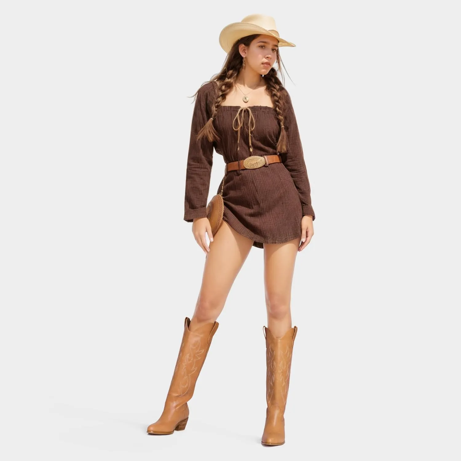 Ouepiano White Cowgirl Boots Women Cowboy Knee High Tall Boots Chunky Heel Pointed Toe Pull-On Western Wide Calf Boats Country Fashion