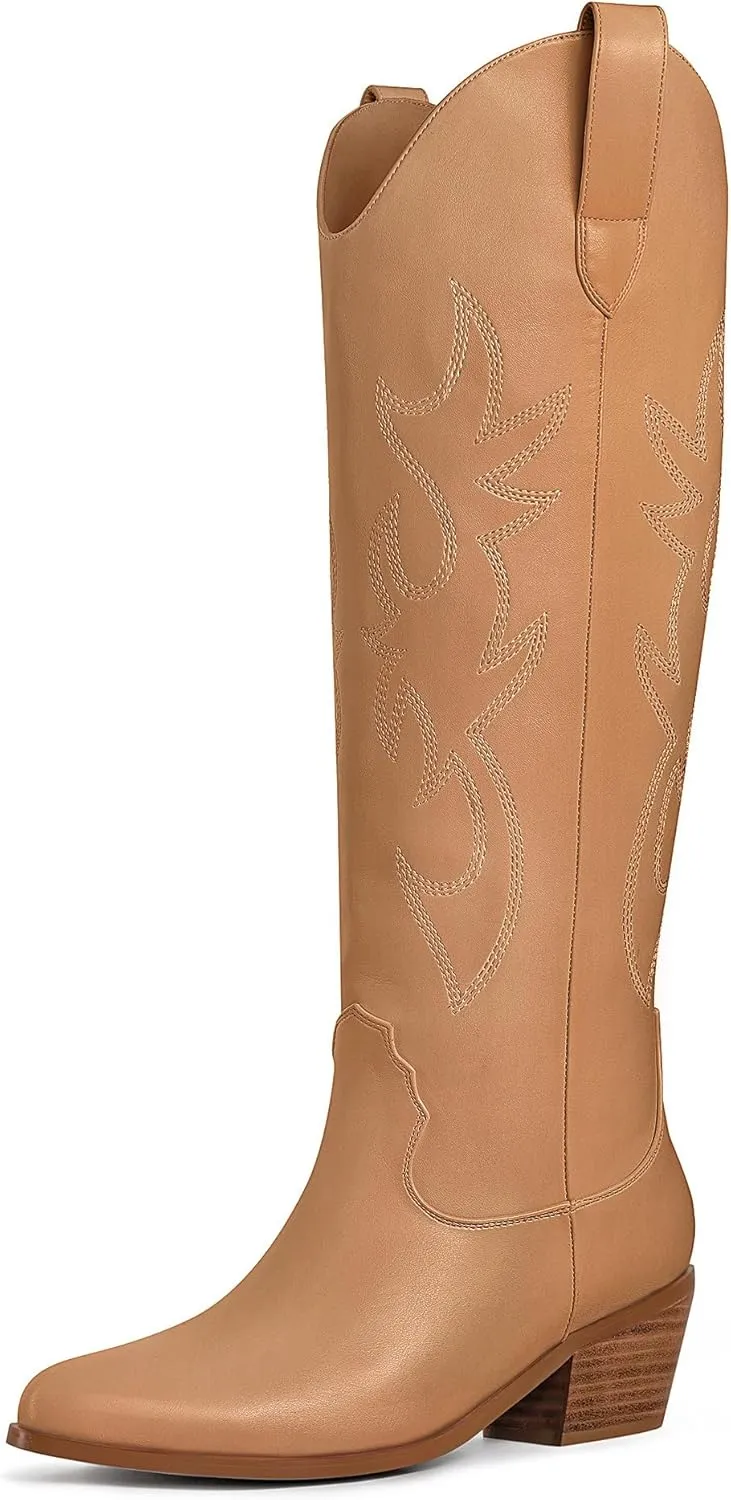 Ouepiano White Cowgirl Boots Women Cowboy Knee High Tall Boots Chunky Heel Pointed Toe Pull-On Western Wide Calf Boats Country Fashion