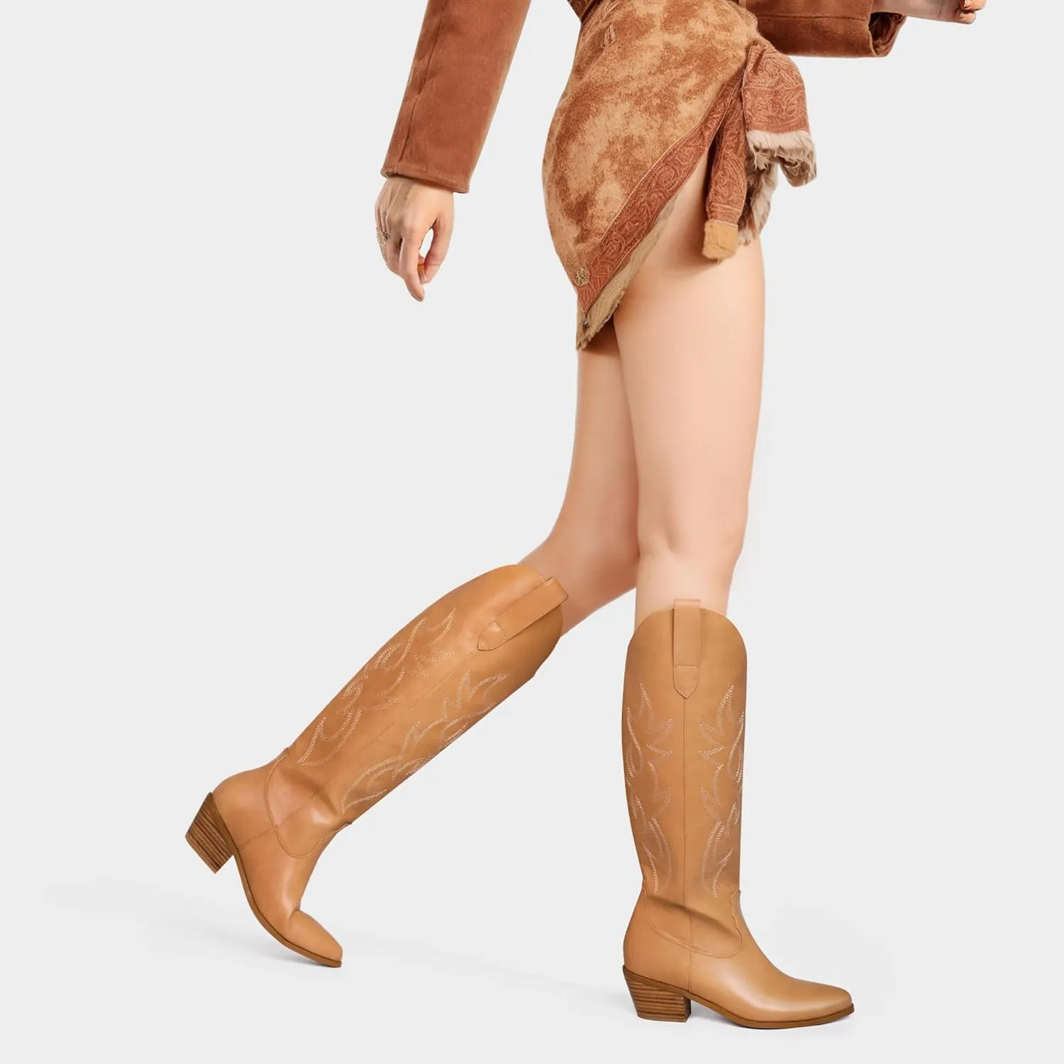 Ouepiano White Cowgirl Boots Women Cowboy Knee High Tall Boots Chunky Heel Pointed Toe Pull-On Western Wide Calf Boats Country Fashion