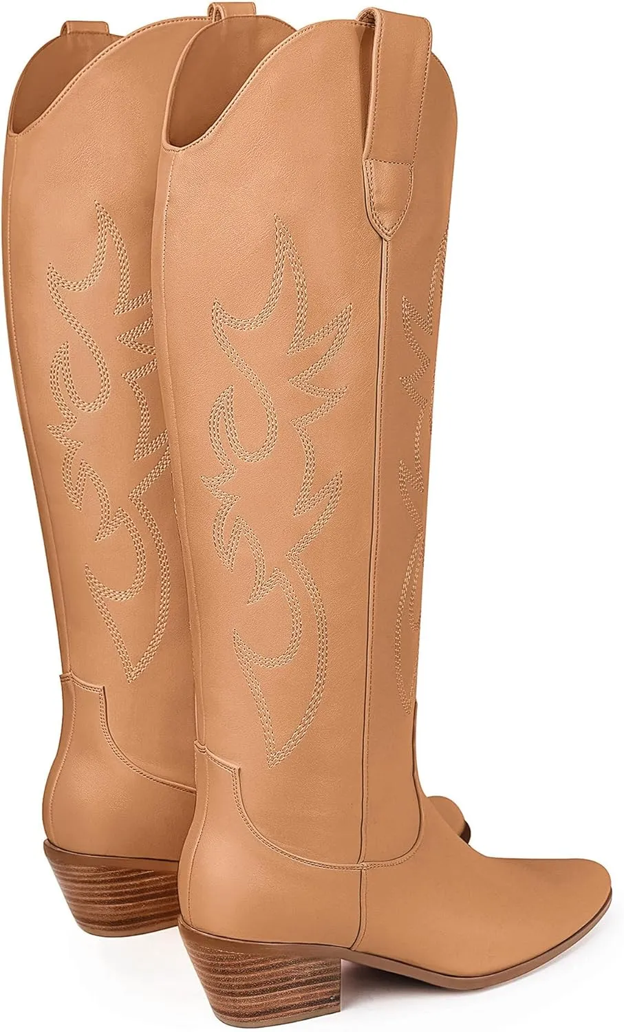 Ouepiano White Cowgirl Boots Women Cowboy Knee High Tall Boots Chunky Heel Pointed Toe Pull-On Western Wide Calf Boats Country Fashion