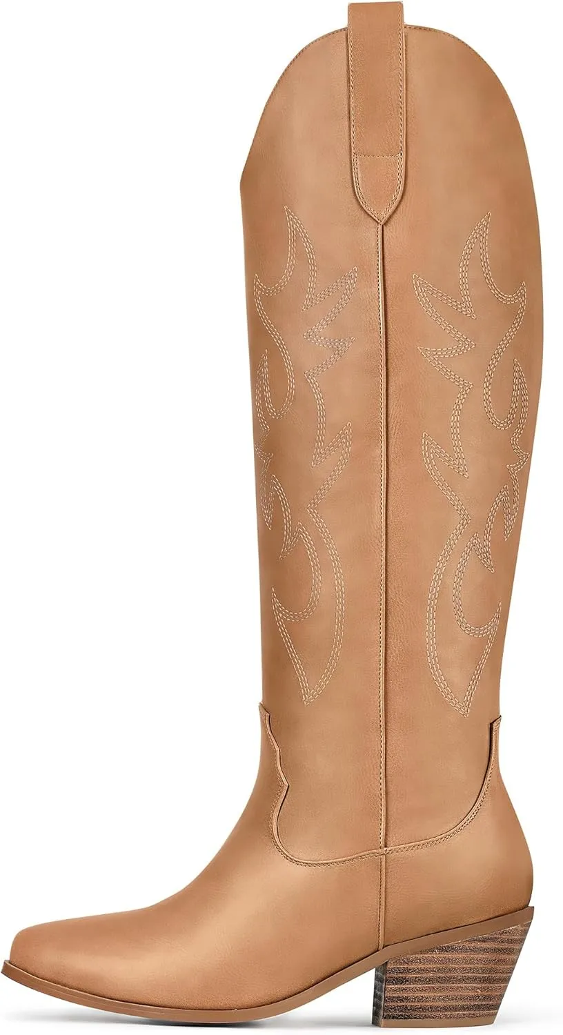 Ouepiano White Cowgirl Boots Women Cowboy Knee High Tall Boots Chunky Heel Pointed Toe Pull-On Western Wide Calf Boats Country Fashion