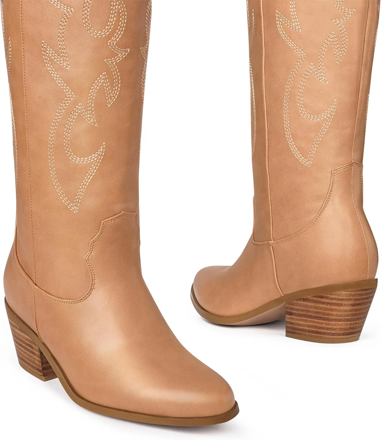 Ouepiano White Cowgirl Boots Women Cowboy Knee High Tall Boots Chunky Heel Pointed Toe Pull-On Western Wide Calf Boats Country Fashion