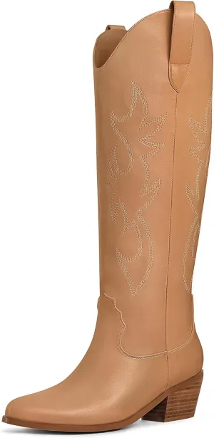 Ouepiano White Cowgirl Boots Women Cowboy Knee High Tall Boots Chunky Heel Pointed Toe Pull-On Western Wide Calf Boats Country Fashion
