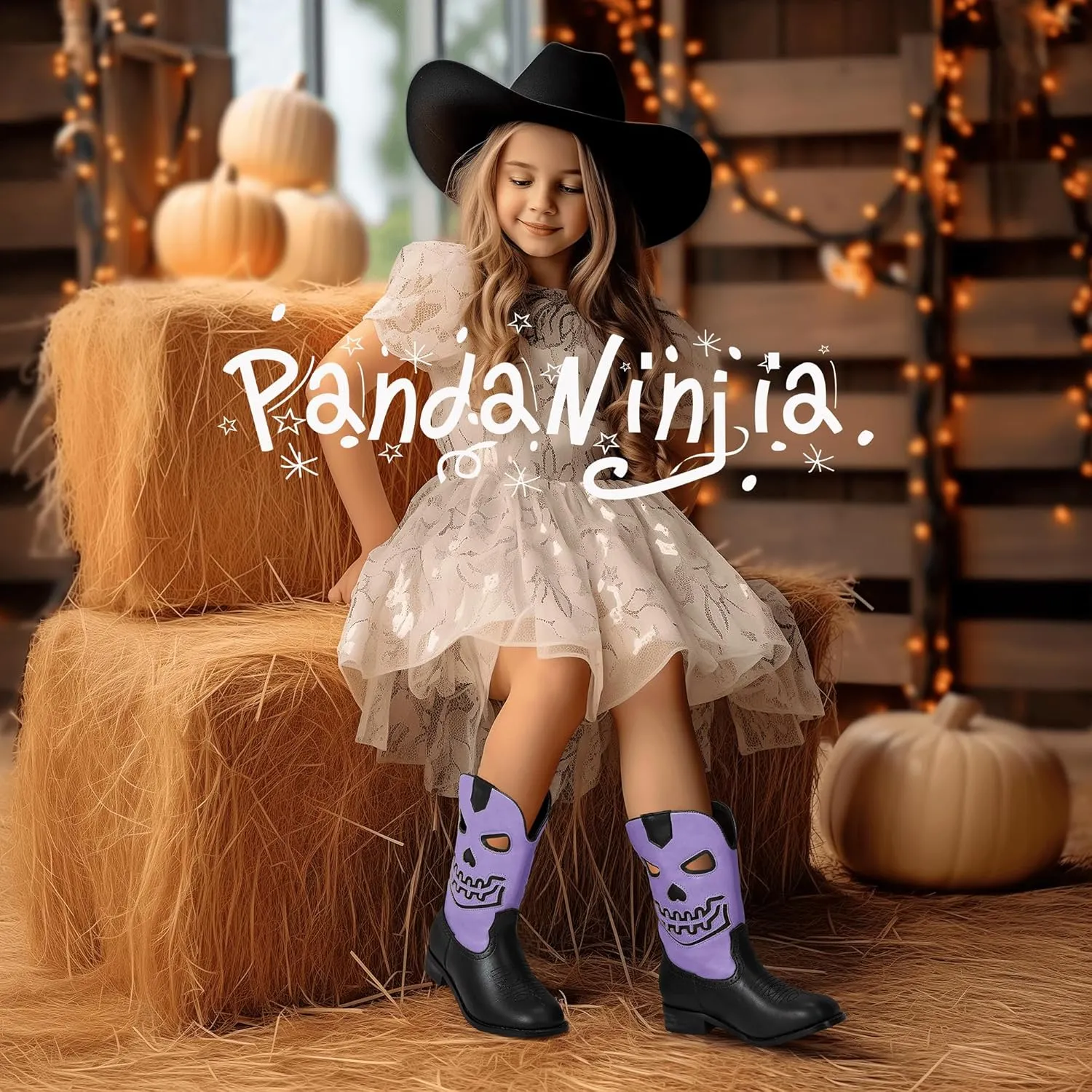 PANDANINJIA Girls Cowboy Boots For Boys Kids Toddler Western Mid Calf Cowgirl Boots Riding Shoes With Halloween Skull Element Booties