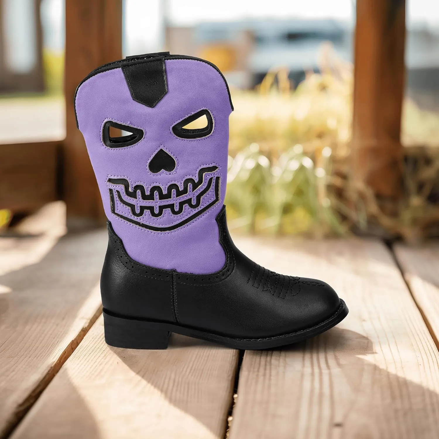 PANDANINJIA Girls Cowboy Boots For Boys Kids Toddler Western Mid Calf Cowgirl Boots Riding Shoes With Halloween Skull Element Booties