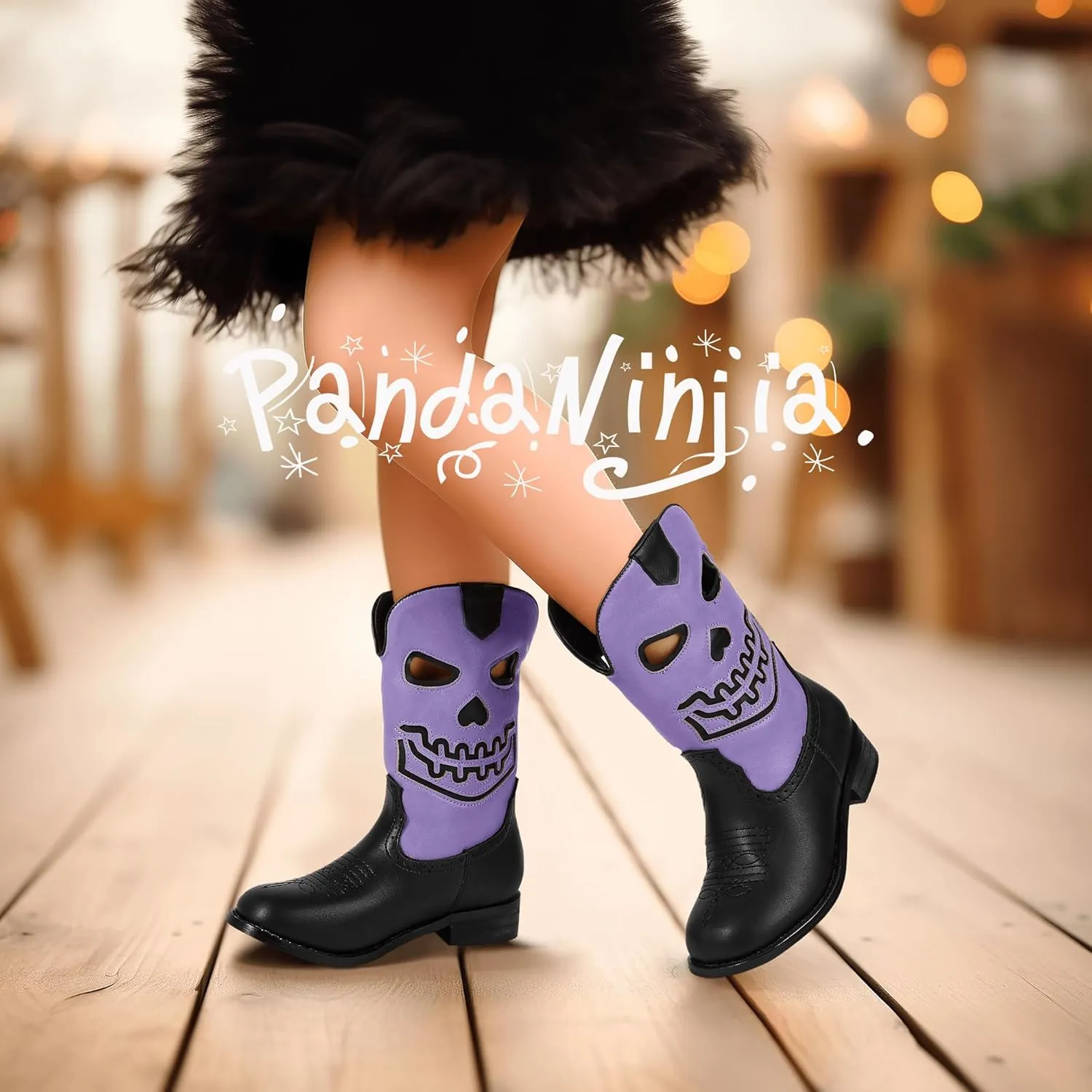 PANDANINJIA Girls Cowboy Boots For Boys Kids Toddler Western Mid Calf Cowgirl Boots Riding Shoes With Halloween Skull Element Booties